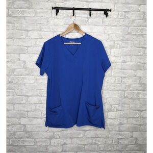 Jockey Scrub Top Blue Polyester Rayon‎ Spandex Stretch Pockets Womens Size L